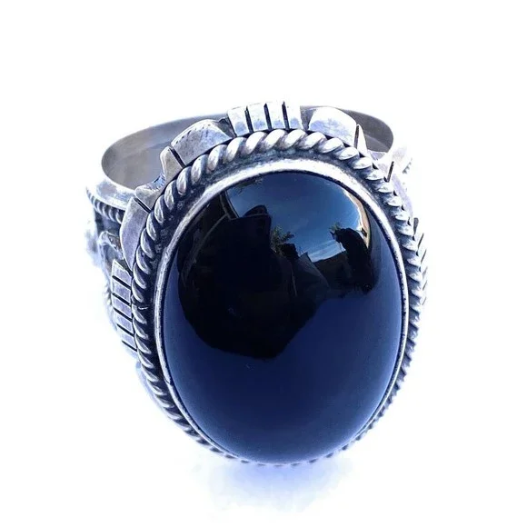 Navajo Sterling Silver & Black Onyx Ring Size 13.5 Signed